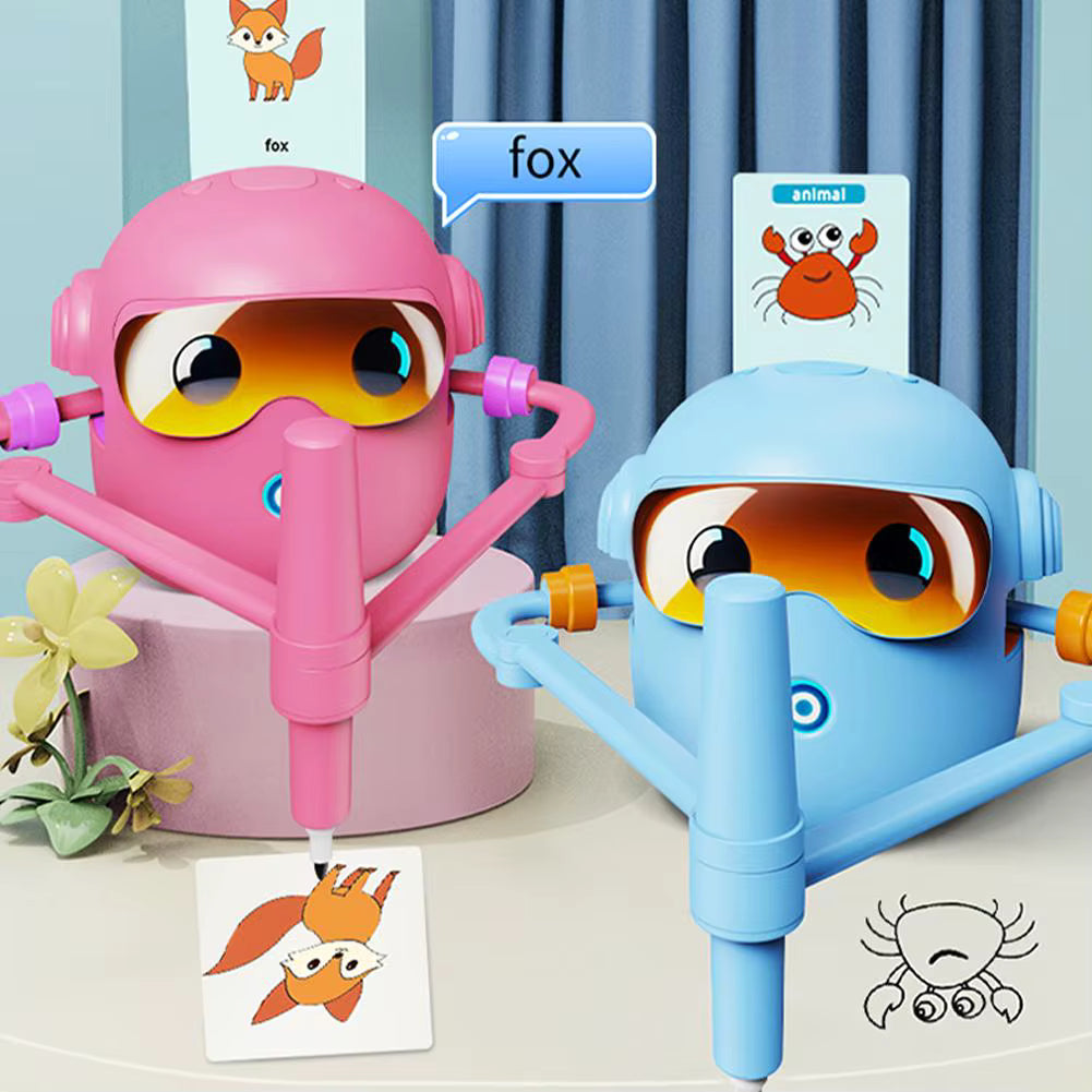 Blue and pink StemDrawRobot drawing fox and crab educational cards